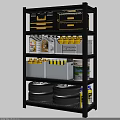 Storage Shelf With Black And Yellow Toolboxes Oil Containers Yellow Bottles White Buckets And Tires