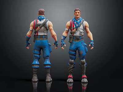 3D Character Model Front And Back View With Blue Pants White Top Red Blue Accents 3d model