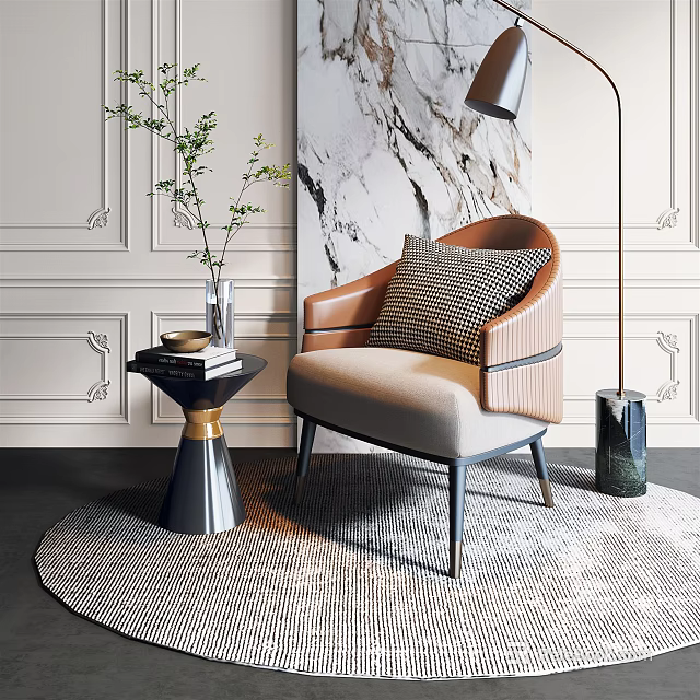 Elegant Modern Accent Chair Interior With Checkered Pillow Woven Rug Floor Lamp And Wall Art 3d model 