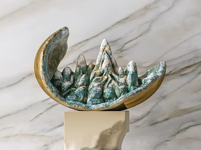 Decorative Ornament Set Crescent With Mountain Decor Green And Gold On Pedestal Base Marble Background 3d model