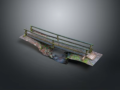 Detailed Model Railway Bridge With Wooden Railings Railway Tracks Gravel And Fallen Leaves 3d model