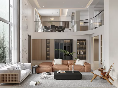 Loft Living Room Interior With Brown Sofa Large Windows And Bookshelves 3d model