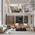 Loft Living Room Interior With Brown Sofa Large Windows And Bookshelves