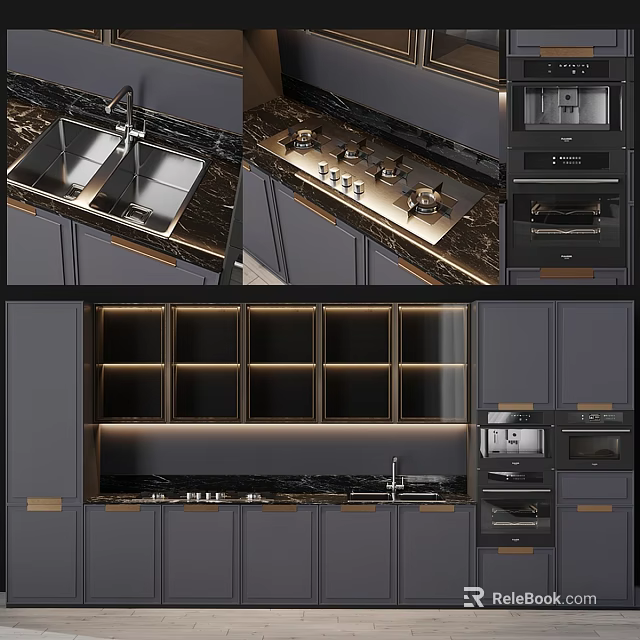Modern Kitchen Interior Design With Gray Cabinets Marble Countertops And Appliances 3d model 