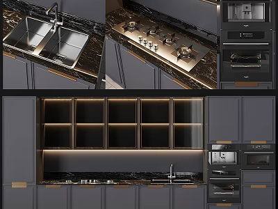 Modern Kitchen Interior Design With Gray Cabinets Marble Countertops And Appliances 3d model