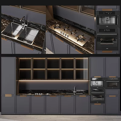 Modern Kitchen Interior Design With Gray Cabinets Marble Countertops And Appliances 3d model