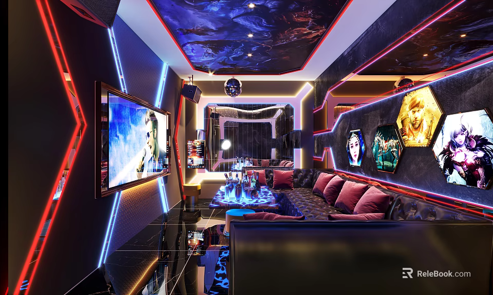 Modern KTV Room Interior With Neon Lights Large Screen TV And Starry Ceiling 3d model 