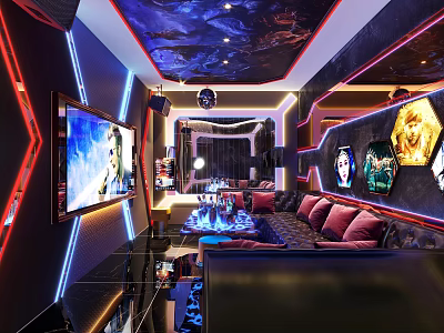Modern KTV Room Interior With Neon Lights Large Screen TV And Starry Ceiling 3d model