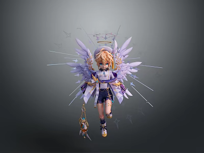 Game Anime Character Blonde Hair Purple Wings Halo Kimono Outfit And Star Motifs 3d model
