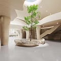 Modern Hotel Lobby Interior Design With Curved Wooden Columns Large Windows And Spacious Layout