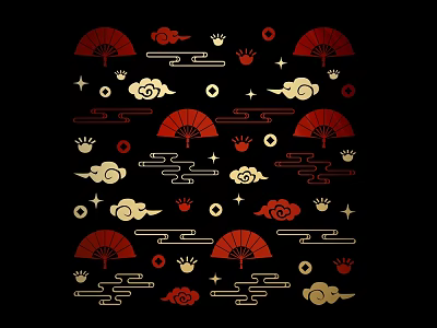 Traditional Red And Gold Carvings With Fans Clouds Wave Patterns On Black Background 3d model