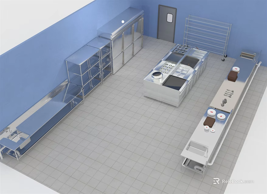 Commercial Kitchen Setup With Stainless Steel Worktables Racks And Kitchen Appliances 3d model