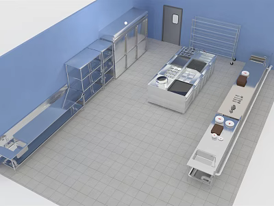 Commercial Kitchen Setup With Stainless Steel Worktables Racks And Kitchen Appliances 3d model