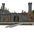 Ancient Medieval Architecture With Castle Towers Stone Walls And Surrounding Trees