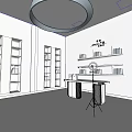 Modern Public Office Space Interior With Illuminated Shelves Central Desk And Round Pendant Light