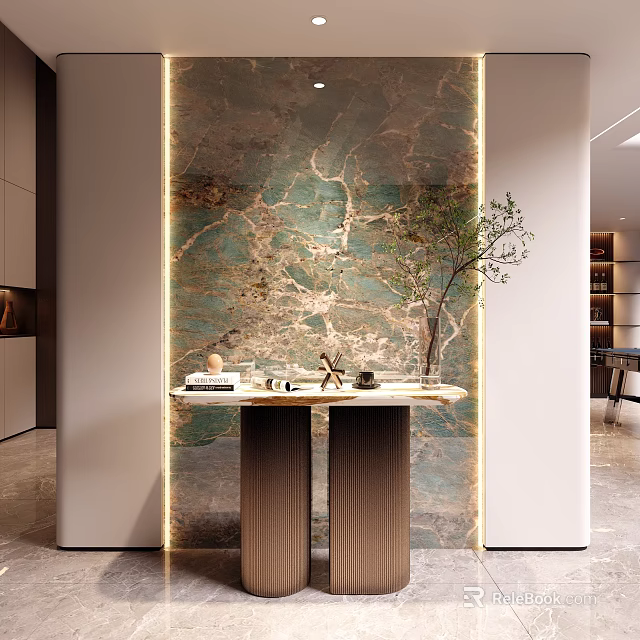 Modern Entryway Hallway Design With Marble Wall Console Table And Green Plant 3d model 