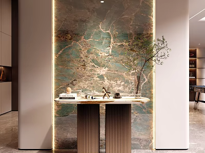 Modern Entryway Hallway Design With Marble Wall Console Table And Green Plant 3d model