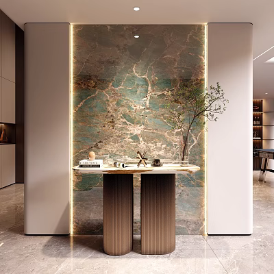 Modern Entryway Hallway Design With Marble Wall Console Table And Green Plant 3d model