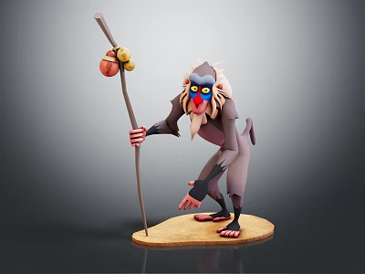Anthropomorphic Baboon Character Holding Staff With Fruits 3D Model Standing On Base 3d model