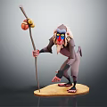 Anthropomorphic Baboon Character Holding Staff With Fruits 3D Model Standing On Base