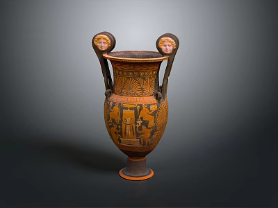 Ancient Greek Vase With Two Face Shaped Handles And Decorative Patterns 3d model