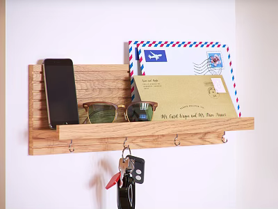 Wooden Wall Mounted Shelf Featuring Mobile Phone Sunglasses Airplane Stamp Letters And Key Hooks 3d model