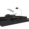 Black Leather Sofa and Coffee Table Set with Floor Lamp Green Plant on Gray Carpet