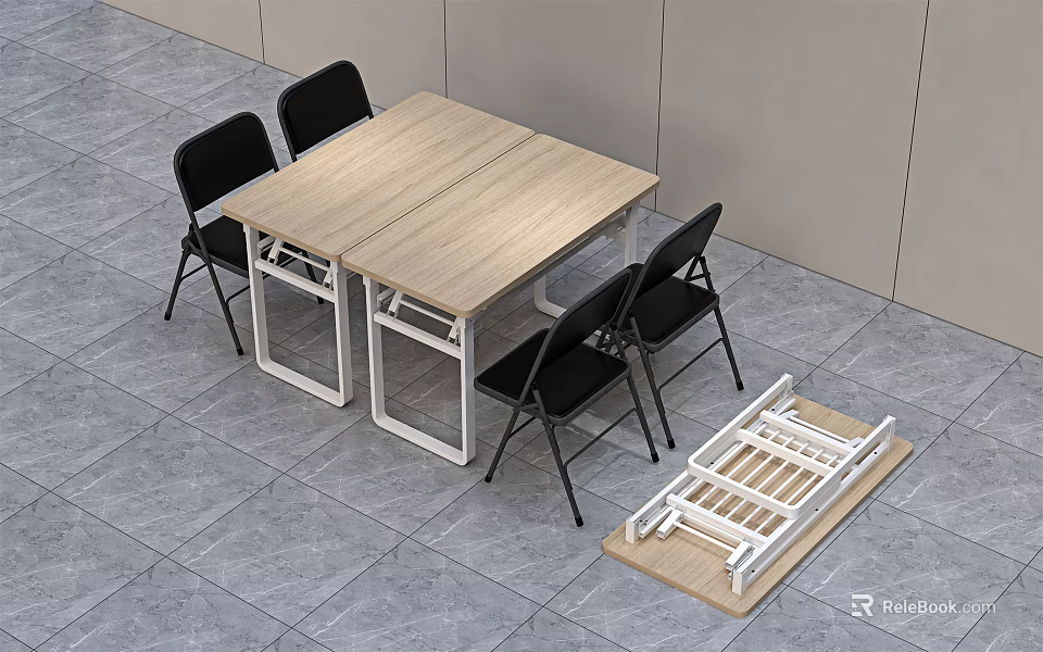 Wooden Tabletop Dining Set With Black Chairs And White Frame Design 3d model 
