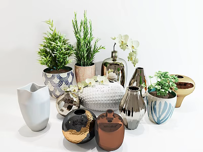 Assorted Vases with Green Plants and White Flowers in Various Colors Shapes and Metallic Finishes 3d model