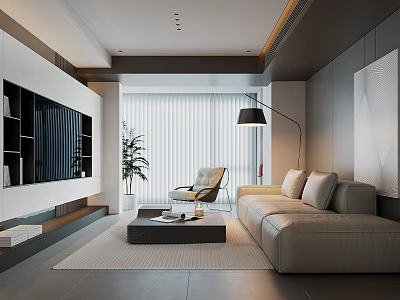 Modern Living Room Interior Design With Beige Sofa Black Floor Lamp And TV Wall 3d model