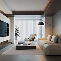 Modern Living Room Interior Design With Beige Sofa Black Floor Lamp And TV Wall