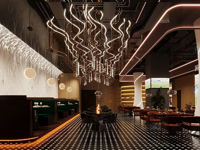 Modern Bar Interior Design With Stylish Hanging Lights And Comfortable Seating 3d model
