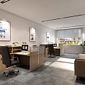 Modern Bright Public Office Space Interior With Workstations Desks Sofa And Plants 3d model