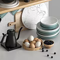 Variety Of Kitchenware Neatly On Open Shelves In Modern Kitchen