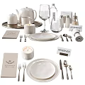 Elegant Restaurant Tableware Set with White Plates Cups Glasses Cutlery Candle and Reserved Signs