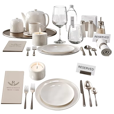 Elegant Restaurant Tableware Set with White Plates Cups Glasses Cutlery Candle and Reserved Signs 3d model