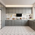 Modern Gray Kitchen Interior With White Refrigerator Cabinets Countertop And Patterned Floor 3d model
