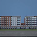 Industrial Factory Building Exterior With Orange White Stripes Large Glass Windows Grassland And Blue Sky