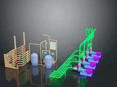 Industrial Equipment System 3D Model With Green Pipes Blue Tanks Pink Components And Wooden Frame 3d model