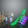 Industrial Equipment System 3D Model With Green Pipes Blue Tanks Pink Components And Wooden Frame