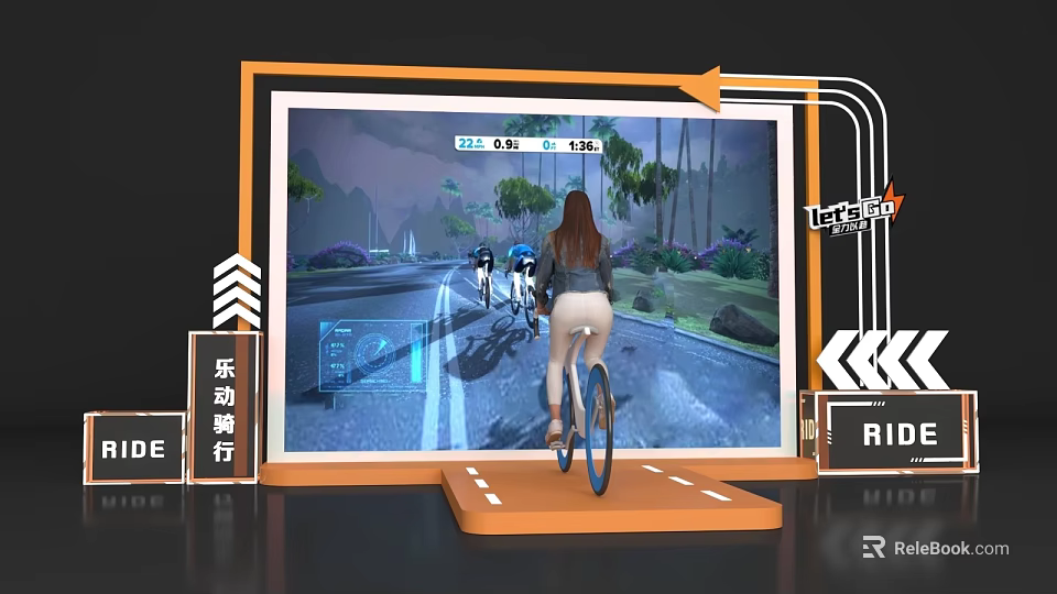 Interactive Fun Cycling Zone With Virtual Road Scene On Screen And Bike Equipment 3d model 