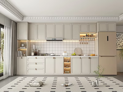 Modern Open Kitchen Dining Sideboard With White Cabinet Glass Door And LED Lighting Design 3d model