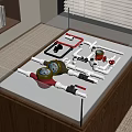 Various Red And White Pipe Fittings With Pressure Gauges In Glass Display Case