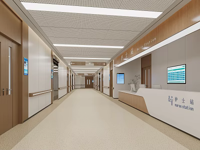 Hospital Outpatient Clinic Interior Spacious Corridor With Nurse Station Display Screens And Wooden Walls 3d model