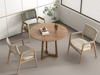 Accent Chairs Featuring Wooden Frame Woven Backrest Around Round Table With Green Plant And Blinds 3d model