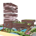 Modern Museum Building Featuring Unique Stacked Structure Brown Facade And Surrounding Greenery 3d model