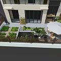 Cozy Residential Garden Landscape With Wooden Fence Planting Beds Seating Area And Umbrella