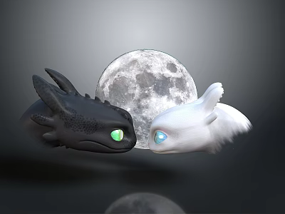 Black and White Dragons With Green and Blue Eyes Facing Each Other Under Full Moon 3d model