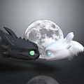 Black and White Dragons With Green and Blue Eyes Facing Each Other Under Full Moon