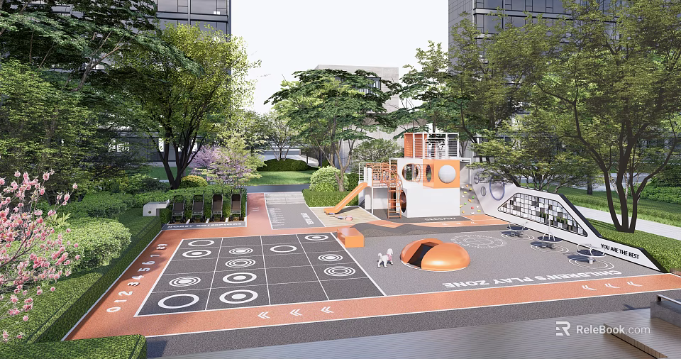 Outdoor Children's Playground With Slide Climbing Structure Ground Game Grids Orange Domes And Trees 3d model 